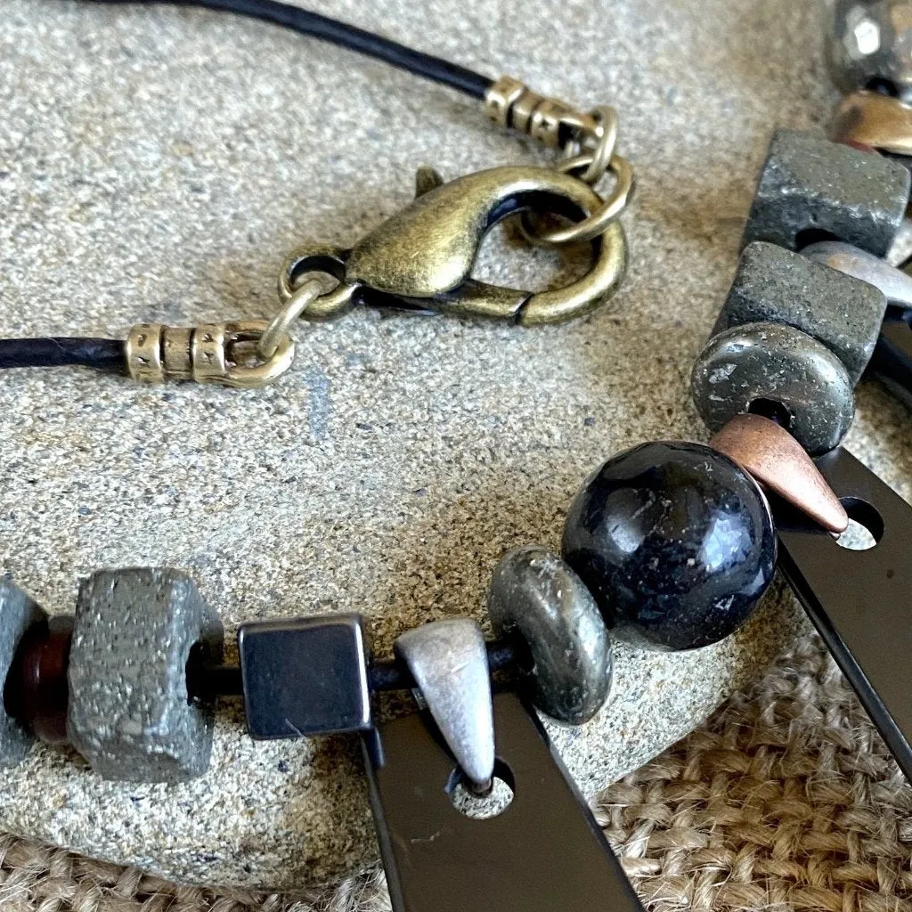 Geometric Shungite Trapezoid Necklace w/Pyrite, Hematite, & Carnelian Beads