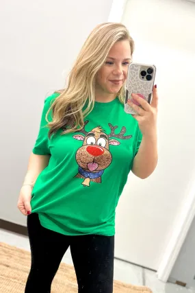 Glitter Rudolph Graphic Tee, Green