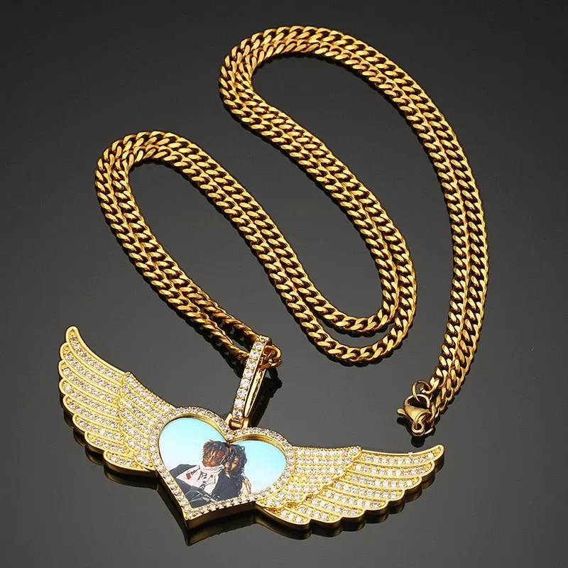 Hip Hop Necklace-Heart Medallion Necklace-Angel Wing Necklace