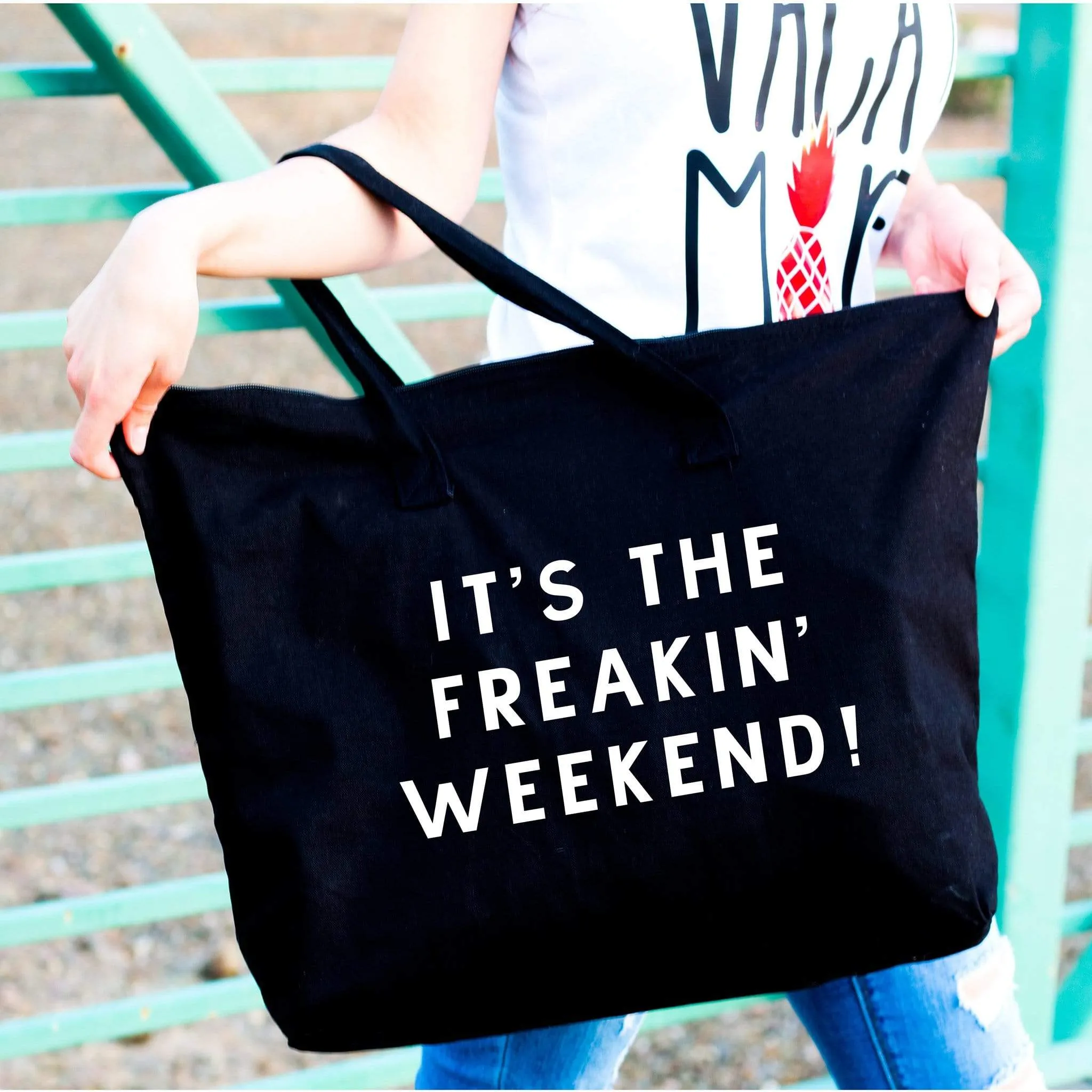 Its the freakin weekend large black tote bag with wording for woman