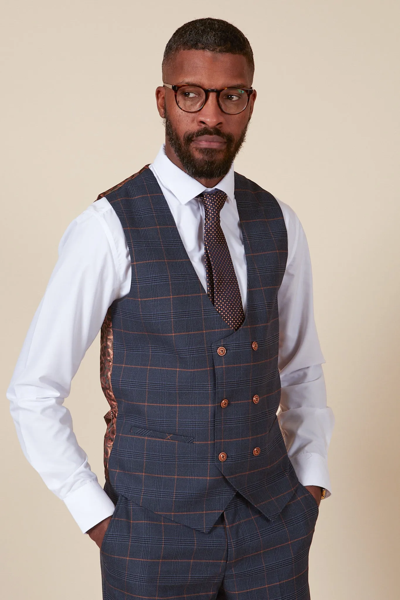 JENSON - Marine Navy Check Double Breasted Waistcoat