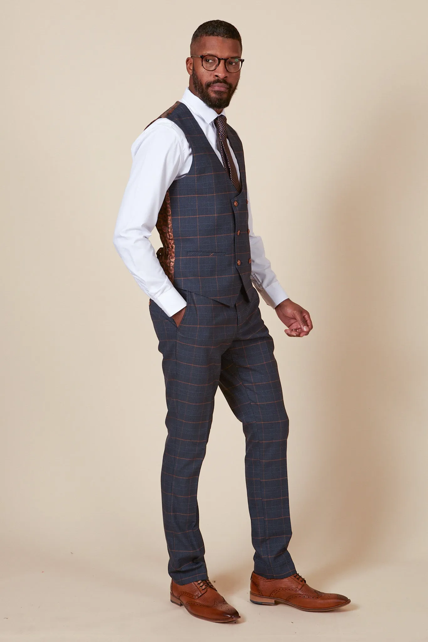 JENSON - Marine Navy Check Double Breasted Waistcoat