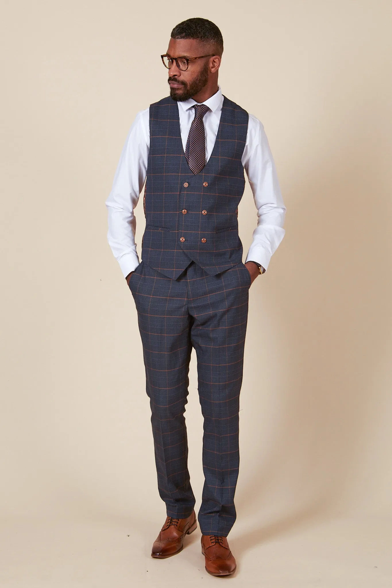 JENSON - Marine Navy Check Double Breasted Waistcoat