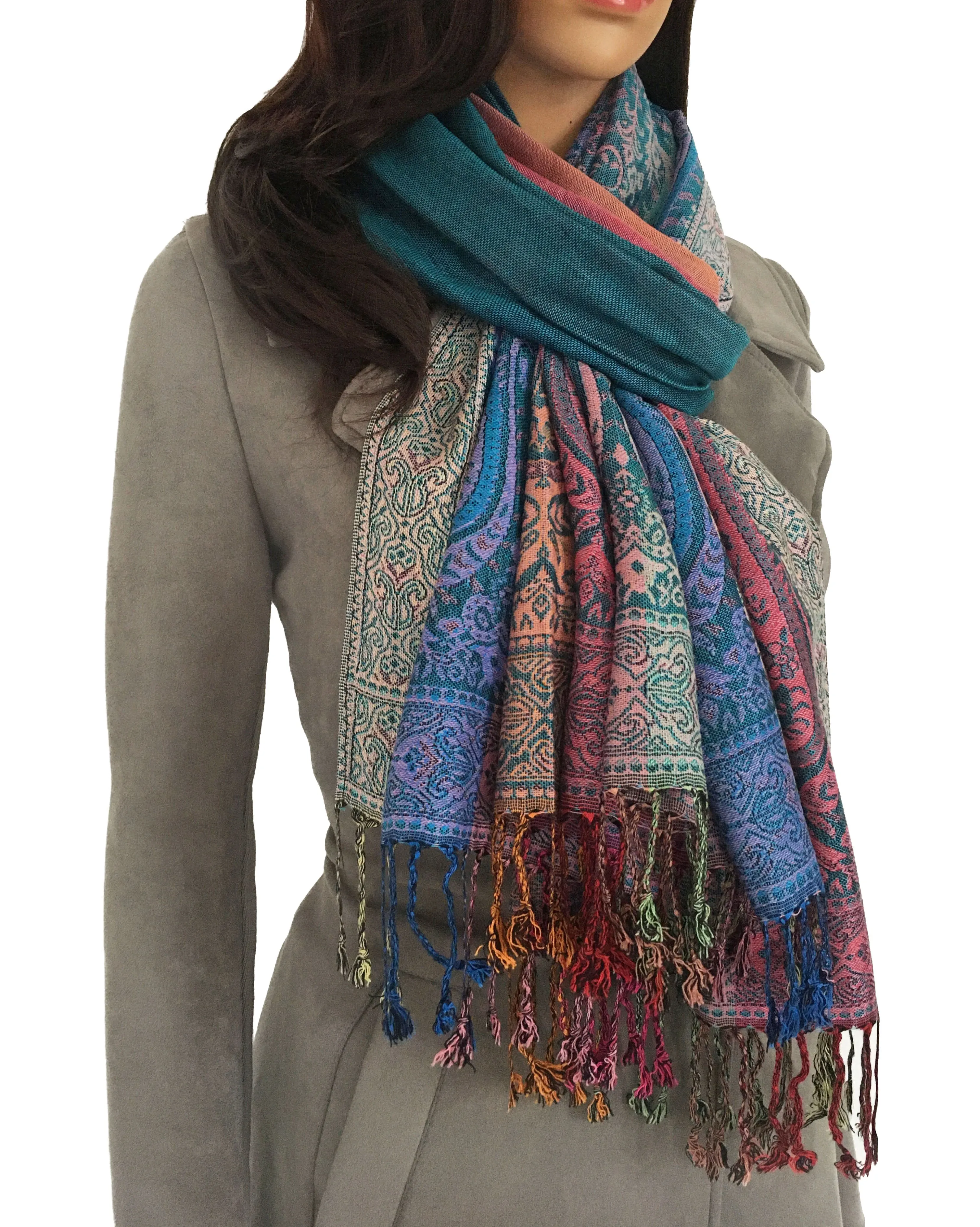 LARGE TEAL RAINBOW MULTI COLOUR PAISLEY PRINT PASHMINA SHAWL SCARF