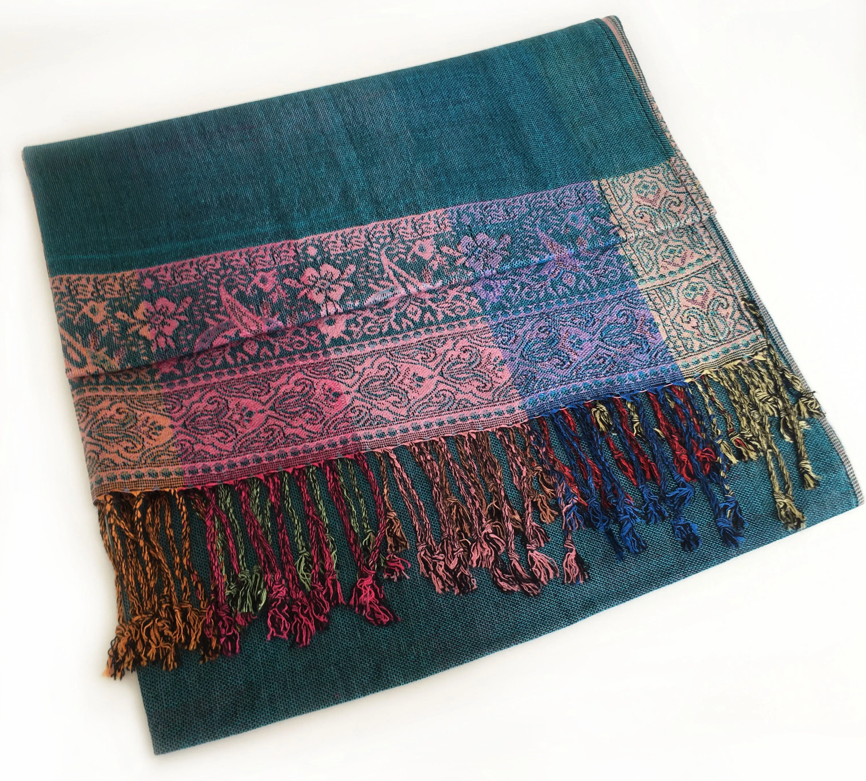 LARGE TEAL RAINBOW MULTI COLOUR PAISLEY PRINT PASHMINA SHAWL SCARF