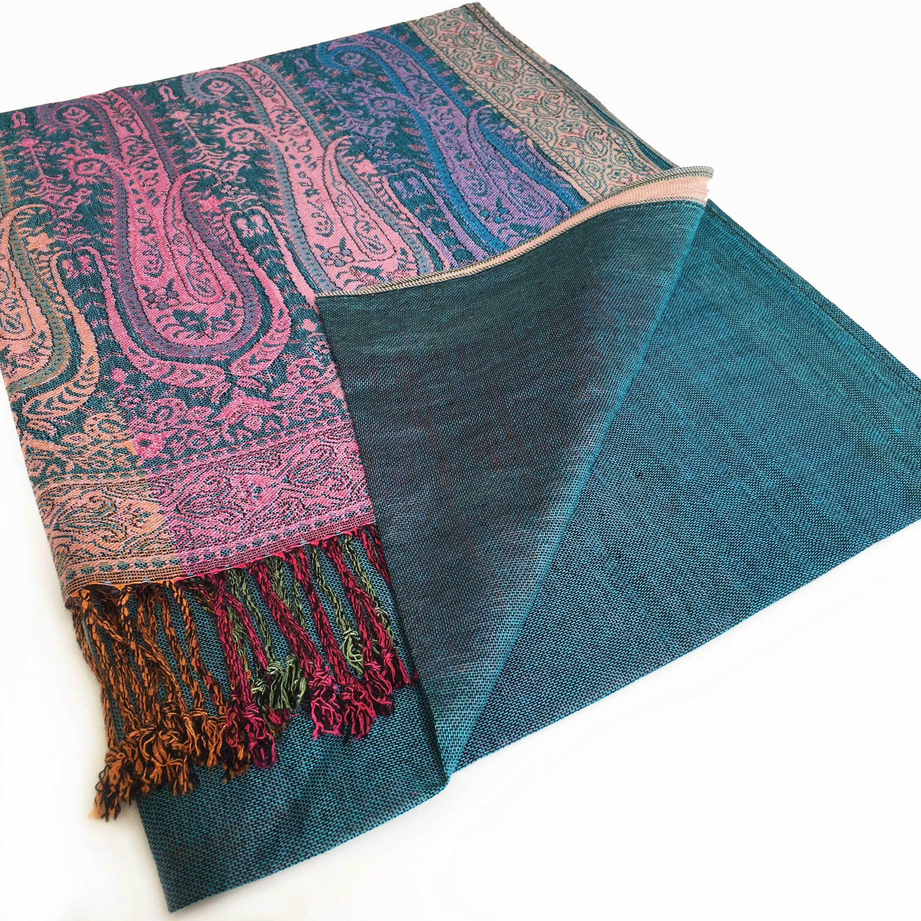 LARGE TEAL RAINBOW MULTI COLOUR PAISLEY PRINT PASHMINA SHAWL SCARF