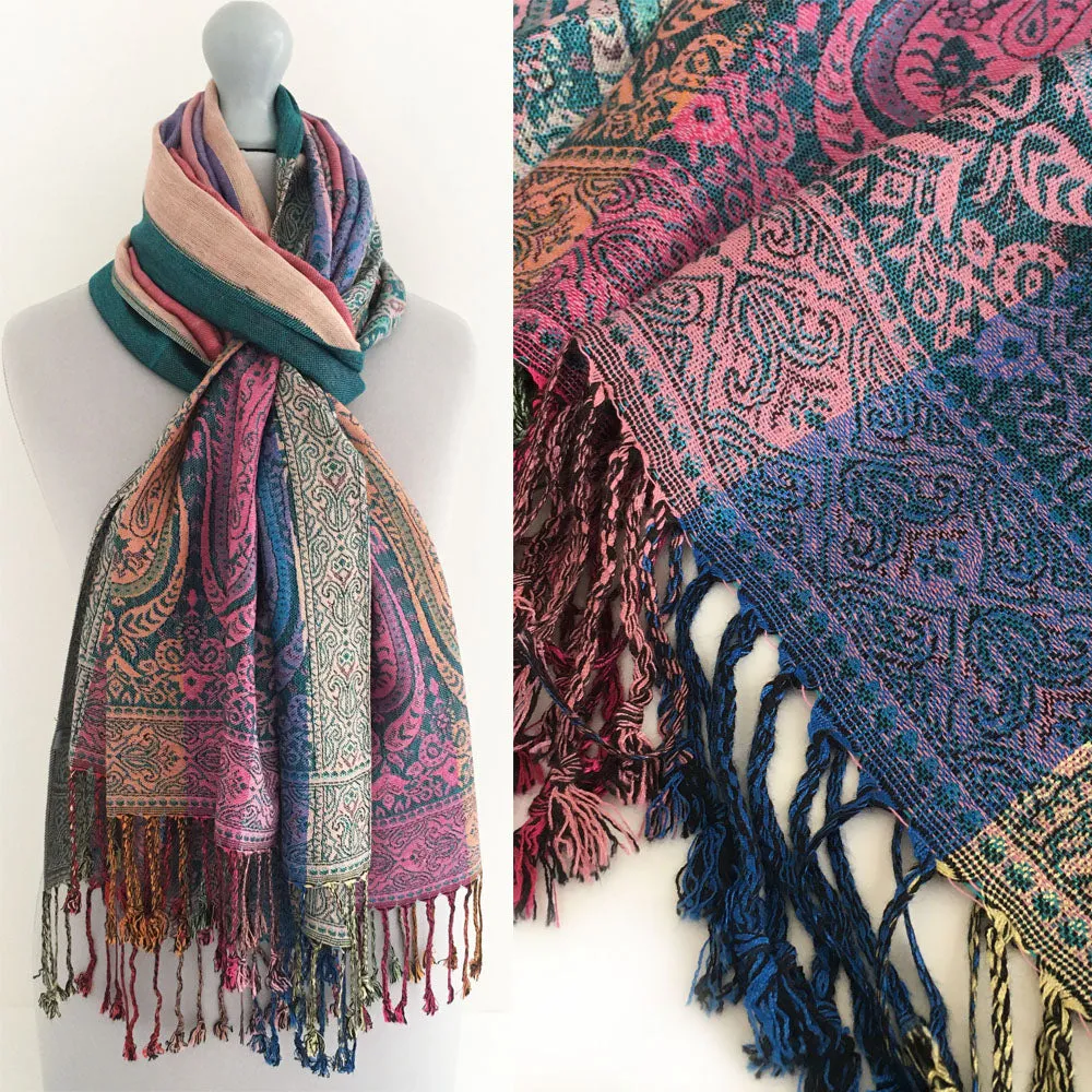 LARGE TEAL RAINBOW MULTI COLOUR PAISLEY PRINT PASHMINA SHAWL SCARF