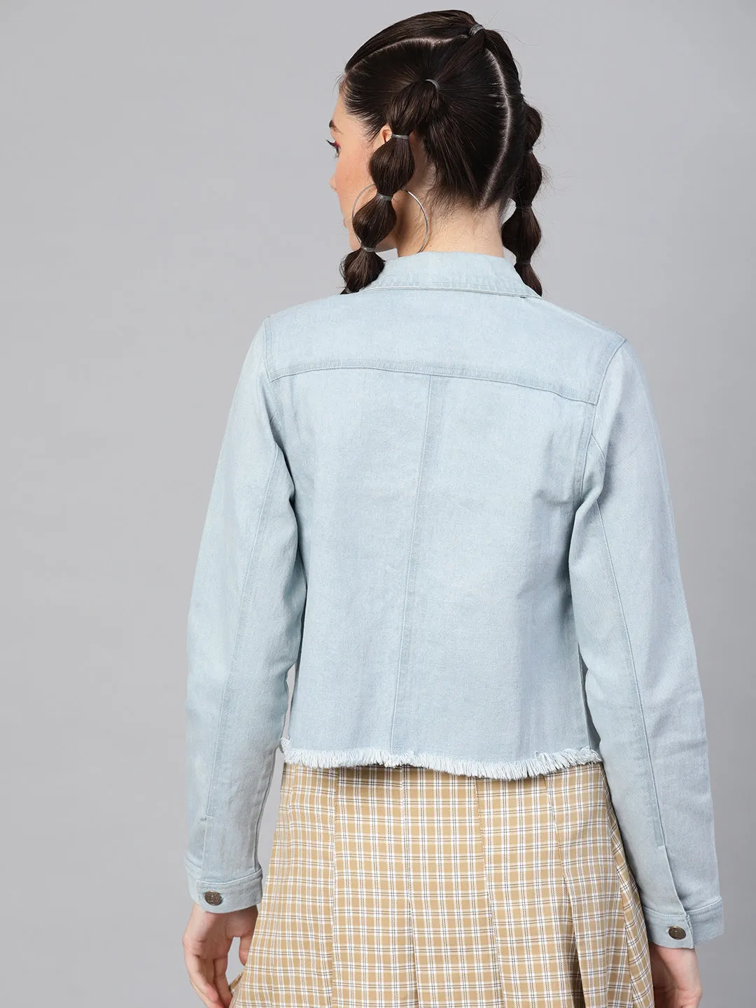 Light Blue Denim Raw Edge Crop Jacket