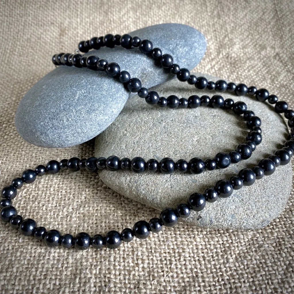 Long Black Shungite Round Bead Necklace, 30 Inches, Alternating Beads