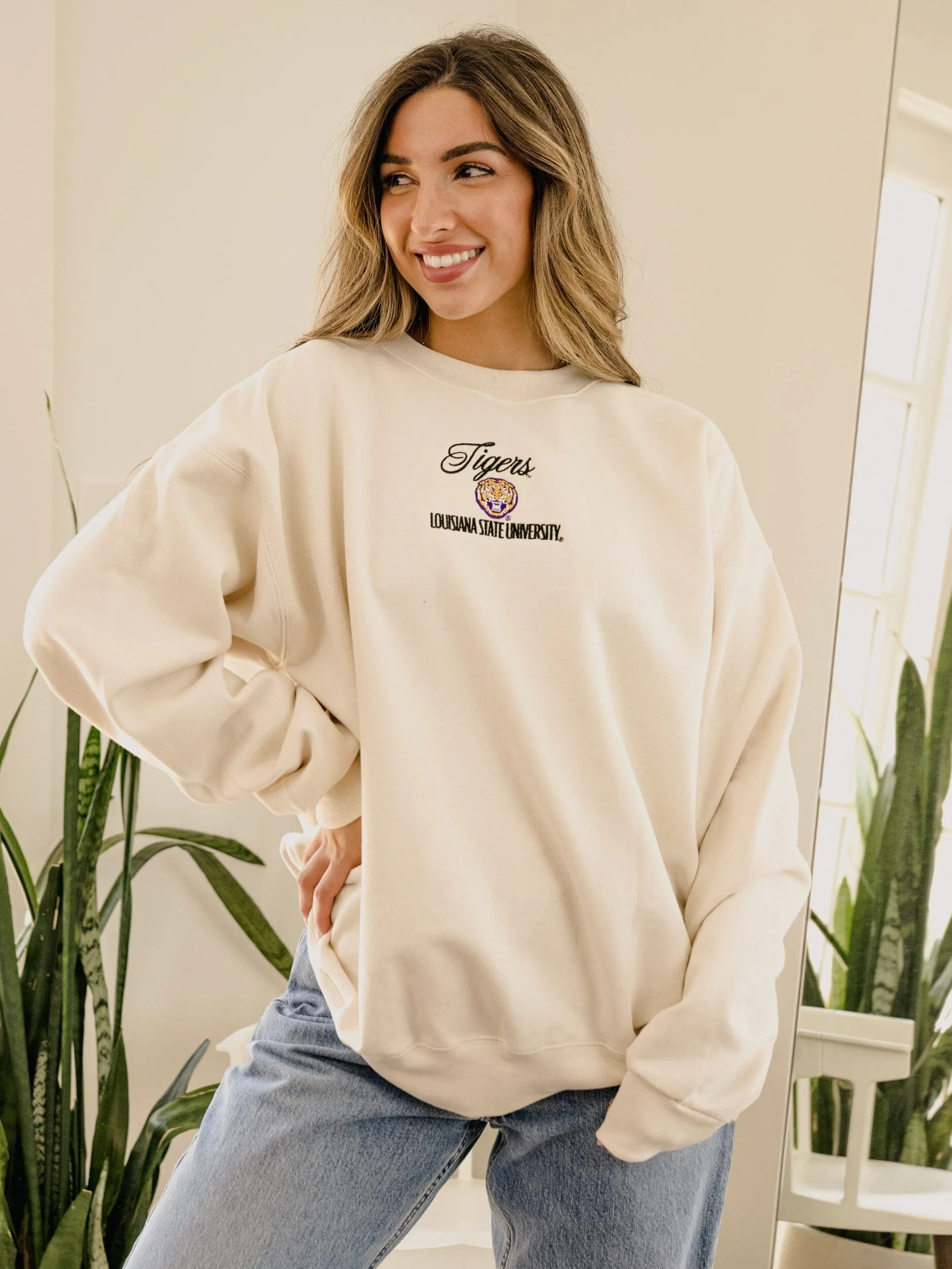 LSU Tigers Embroidered Script Cream Sweatshirt