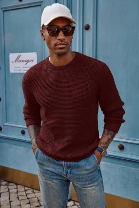 Mens Crewneck Pullover Sweater Waffle Textured Long Sleeve Knitted Sweater