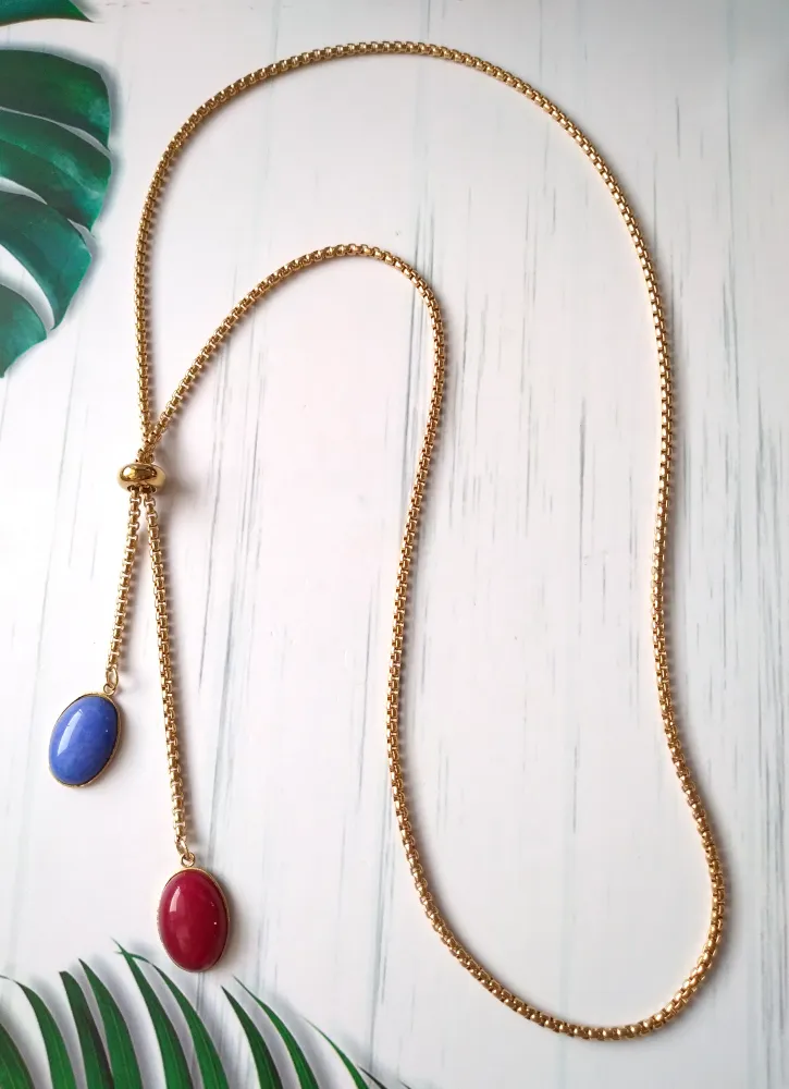 Oval Red and Blue Jade Gemstone Affirmation Slider Necklace