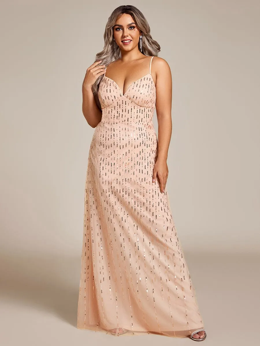 Paillette Spaghetti Straps Formal Evening Dress with Deep V-Neck