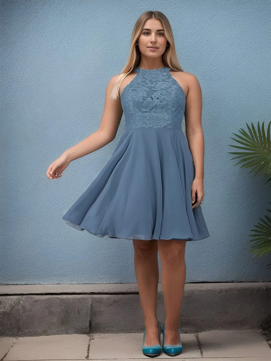 Plus Size Short Lace Halter Neck Backless Chiffon Homecoming Dress