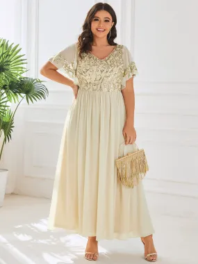 Plus Size V-Neck Short Sleeve Sequin Bodice Mother of the Bride Dress