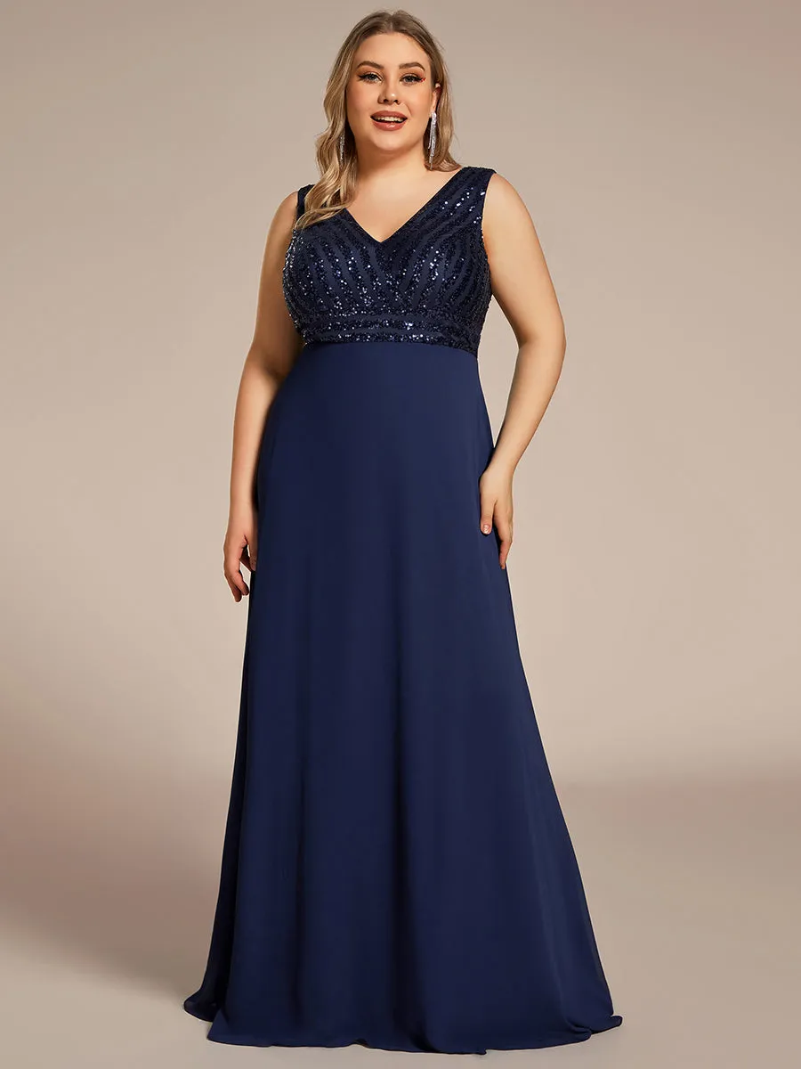 Plus-Sleeveless VNeck Sequin & Chiffon Wholesale Evening Dresses