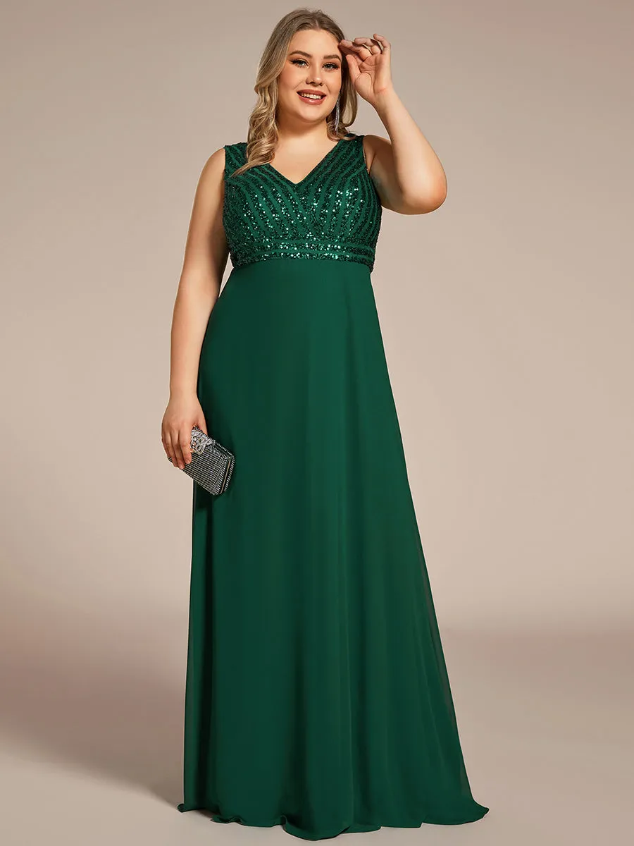 Plus-Sleeveless VNeck Sequin & Chiffon Wholesale Evening Dresses