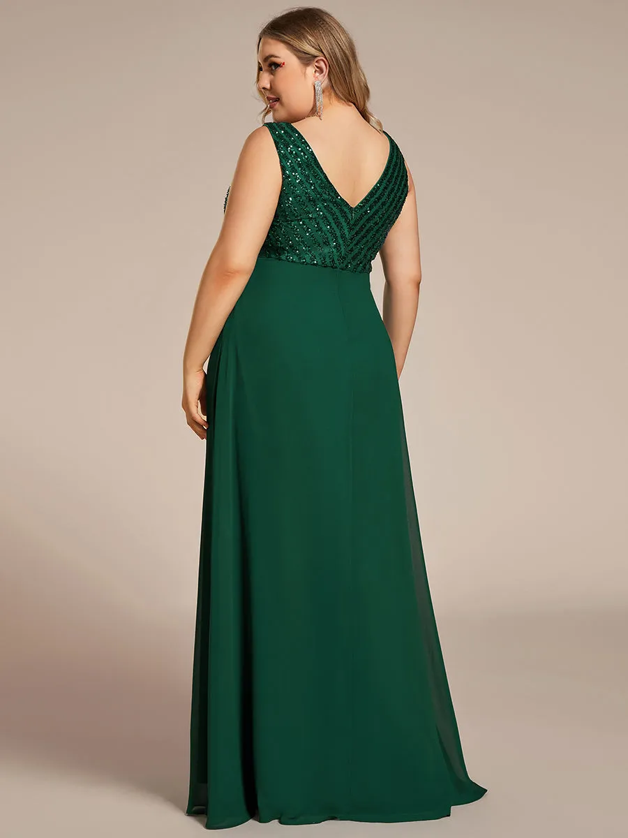 Plus-Sleeveless VNeck Sequin & Chiffon Wholesale Evening Dresses