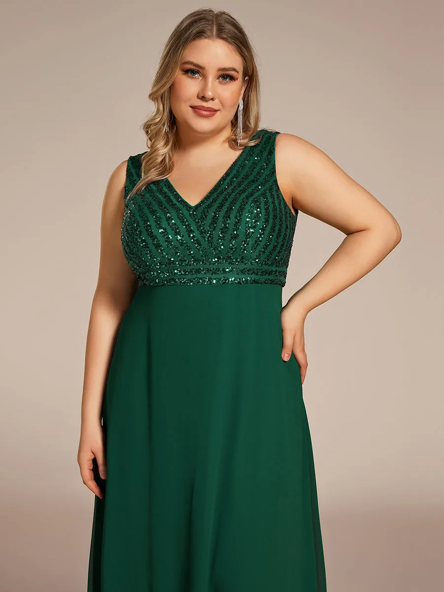 Plus-Sleeveless VNeck Sequin & Chiffon Wholesale Evening Dresses