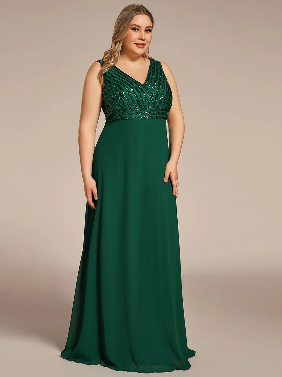 Plus-Sleeveless VNeck Sequin & Chiffon Wholesale Evening Dresses