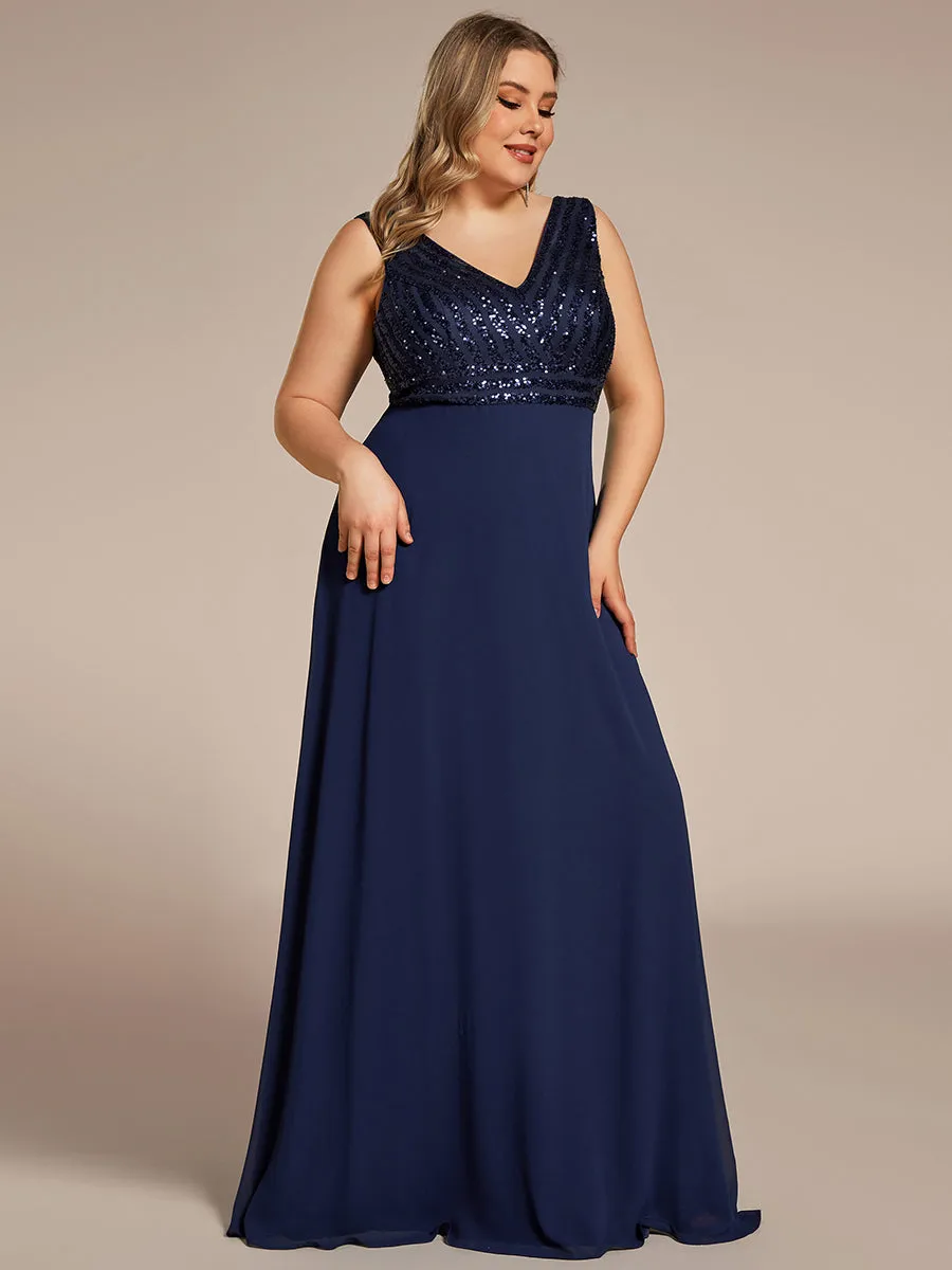 Plus-Sleeveless VNeck Sequin & Chiffon Wholesale Evening Dresses