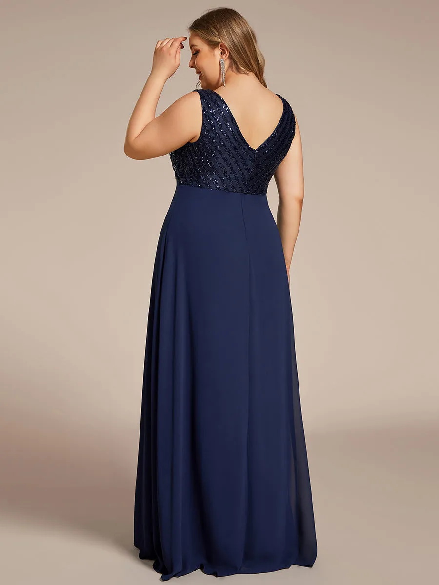 Plus-Sleeveless VNeck Sequin & Chiffon Wholesale Evening Dresses