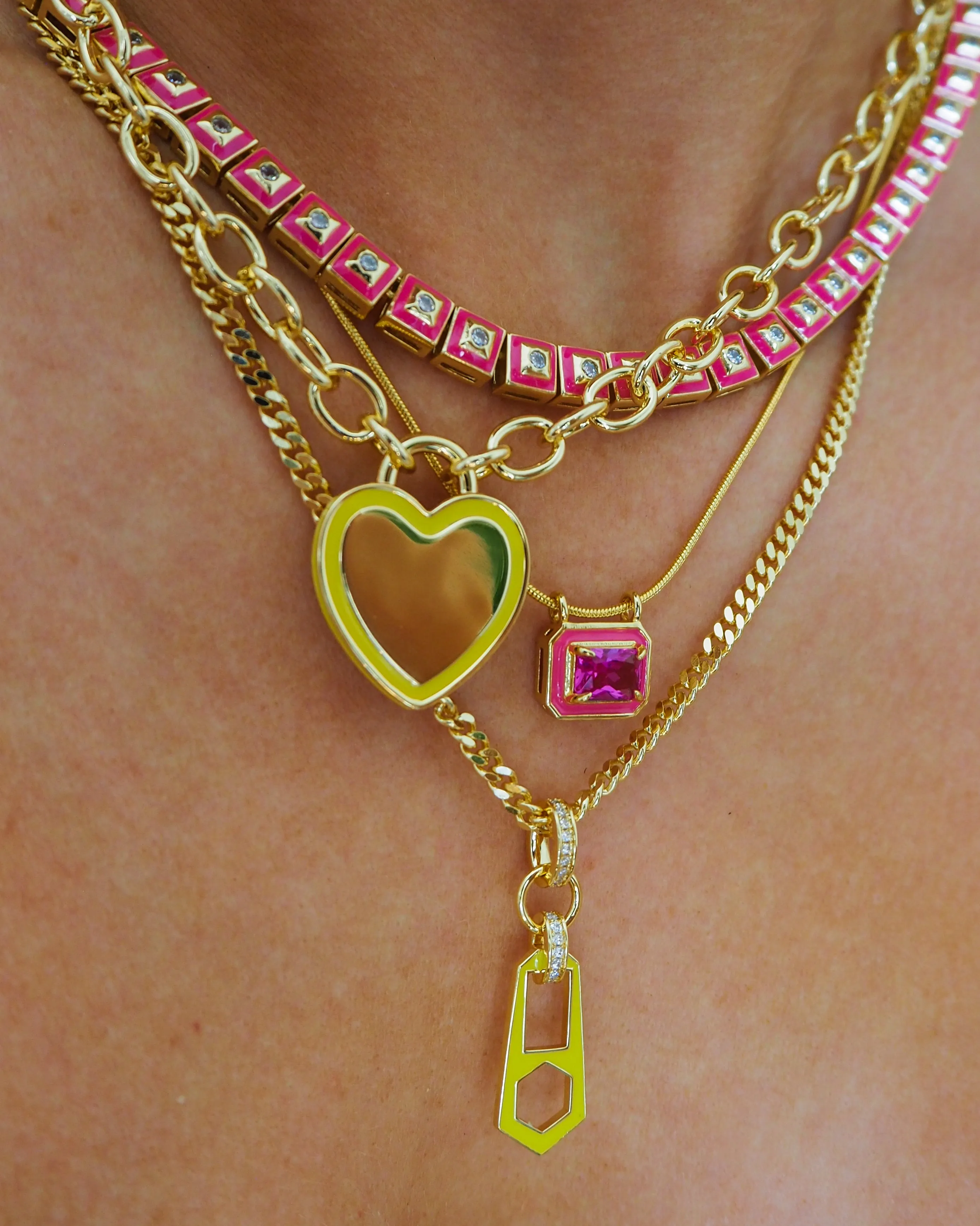 Pyramid Stud Tennis Necklace- Hot Pink- Gold