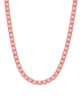 Pyramid Stud Tennis Necklace- Hot Pink- Gold