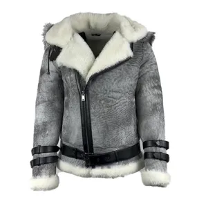 Rocco Vintage Distressed Grey Aviator bomber shearling jacket with hoodie