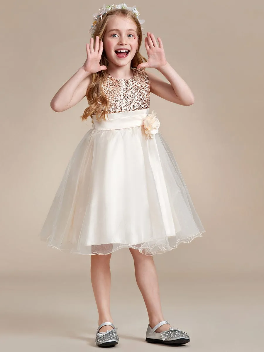 Sequin Bodice Double hemline Short Flower Girl Dress with Bowknot