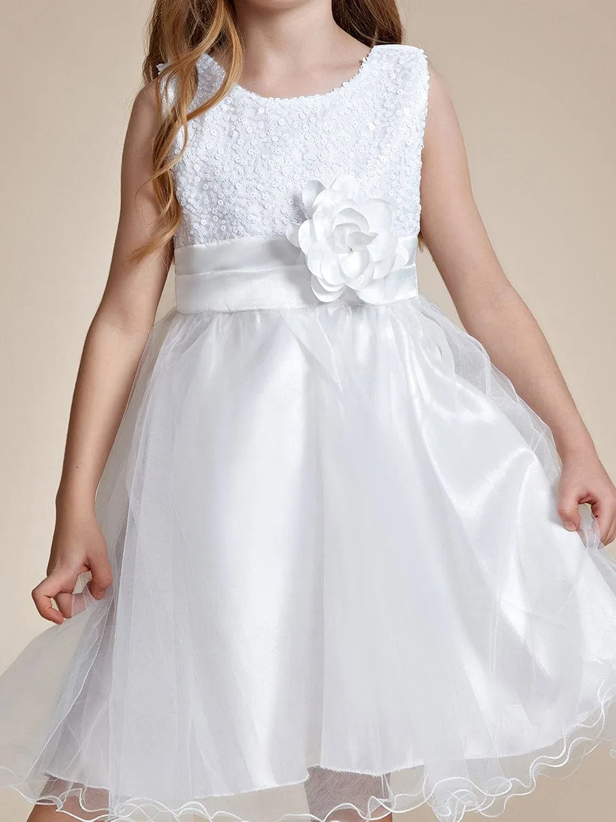 Sequin Bodice Double hemline Short Flower Girl Dress with Bowknot