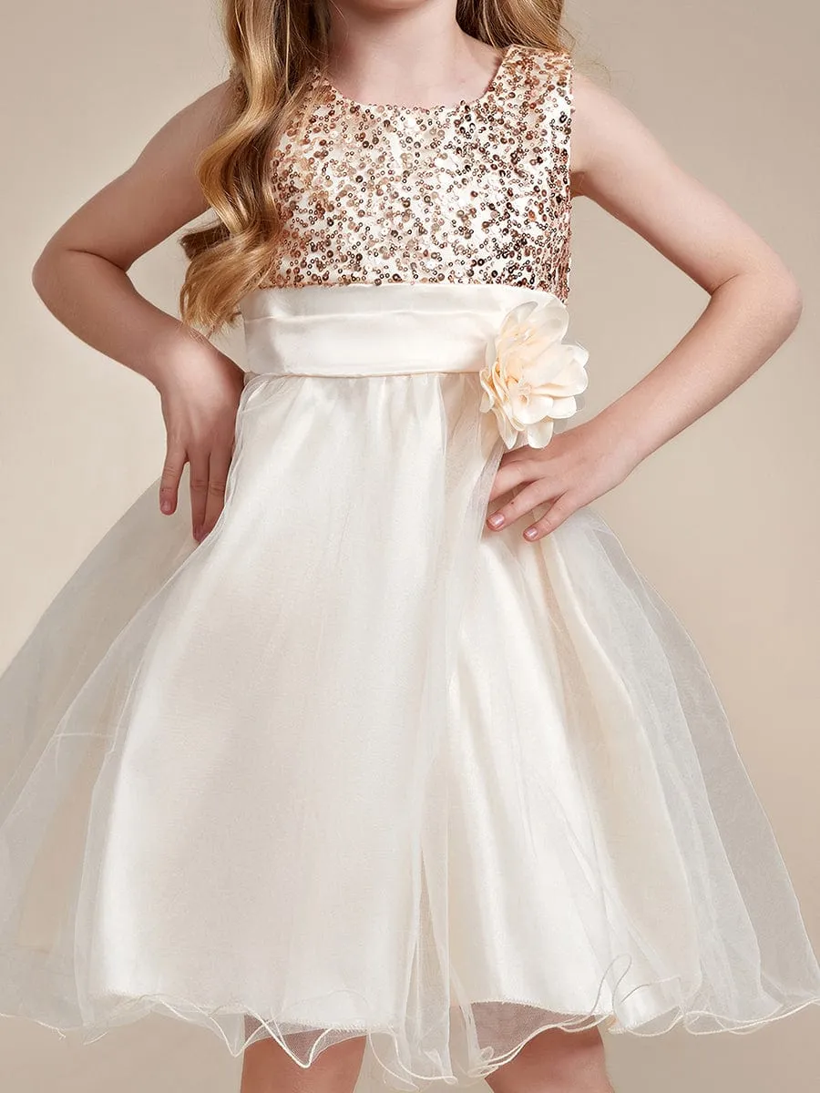 Sequin Bodice Double hemline Short Flower Girl Dress with Bowknot