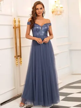 Shiny Sequin Bodice Off the Shoulder Maxi Tulle Evening Dress