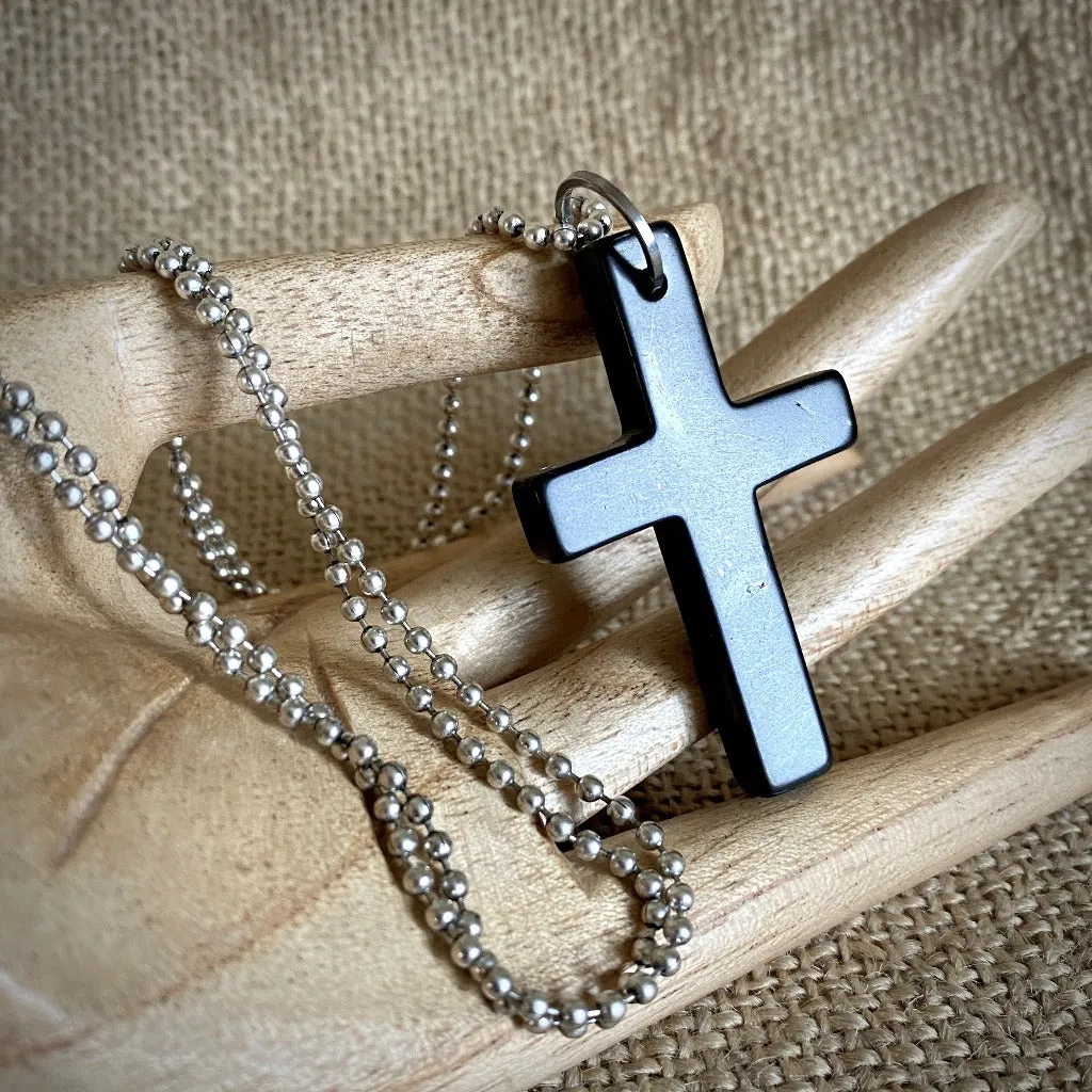 Shungite Cross Pendant, Unisex Necklace on Silver Ball Chain