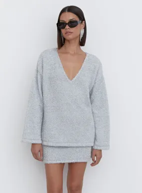 Silver Metallic Fluffy Knit Jumper - Ennis