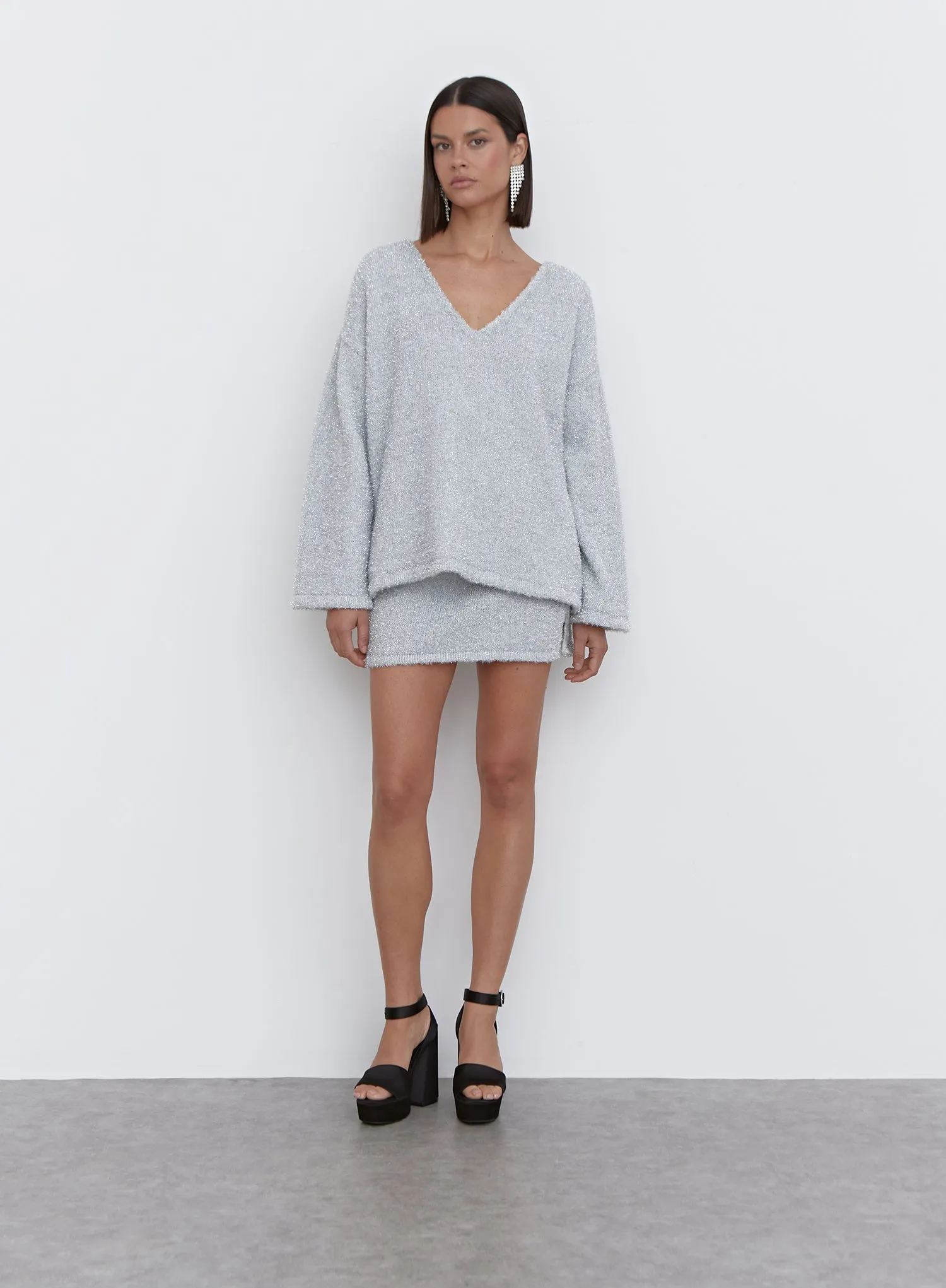 Silver Metallic Fluffy Knit Jumper - Ennis