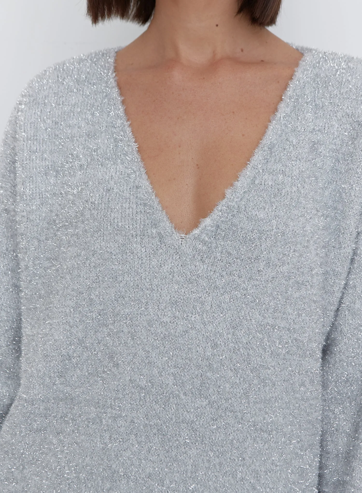 Silver Metallic Fluffy Knit Jumper - Ennis