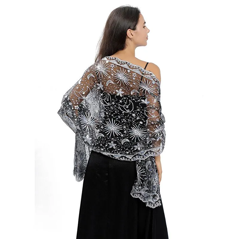 Sparkly Sequin Embroidery Lace Mesh Shawl