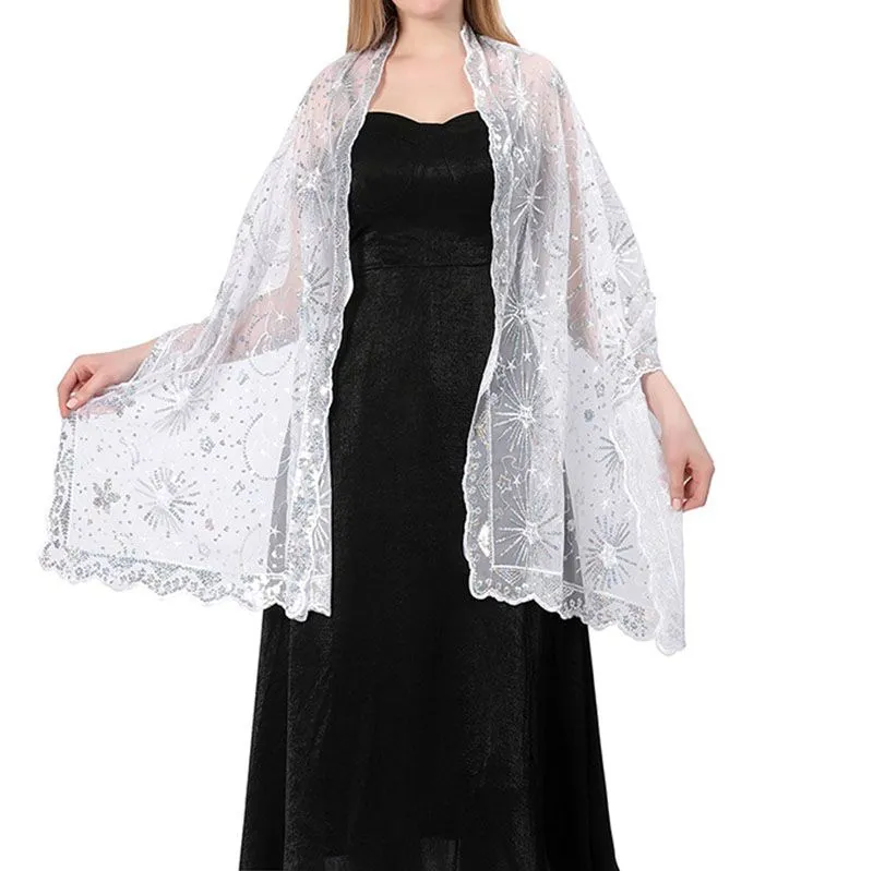 Sparkly Sequin Embroidery Lace Mesh Shawl