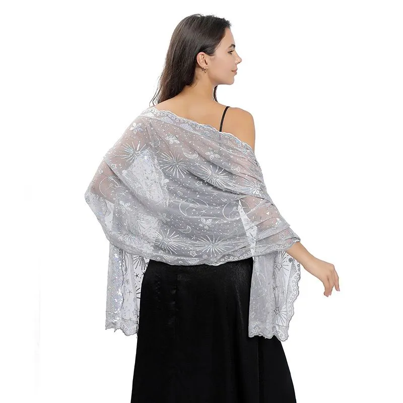 Sparkly Sequin Embroidery Lace Mesh Shawl