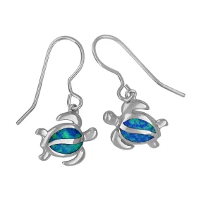 Sterling Silver Synthetic Blue Opal Turtle Dangle Earrings