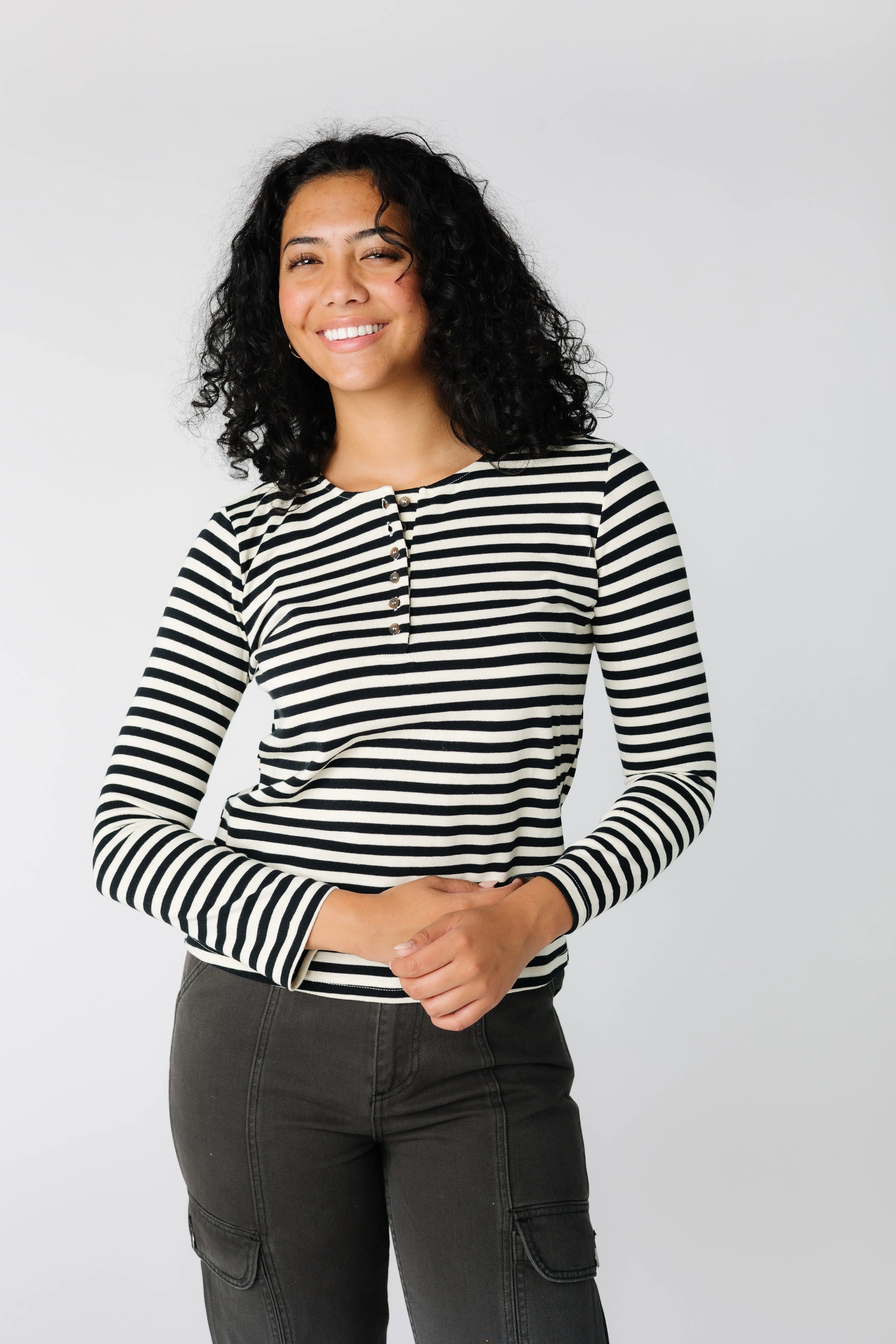 Stripe Button Long Sleeve Tee