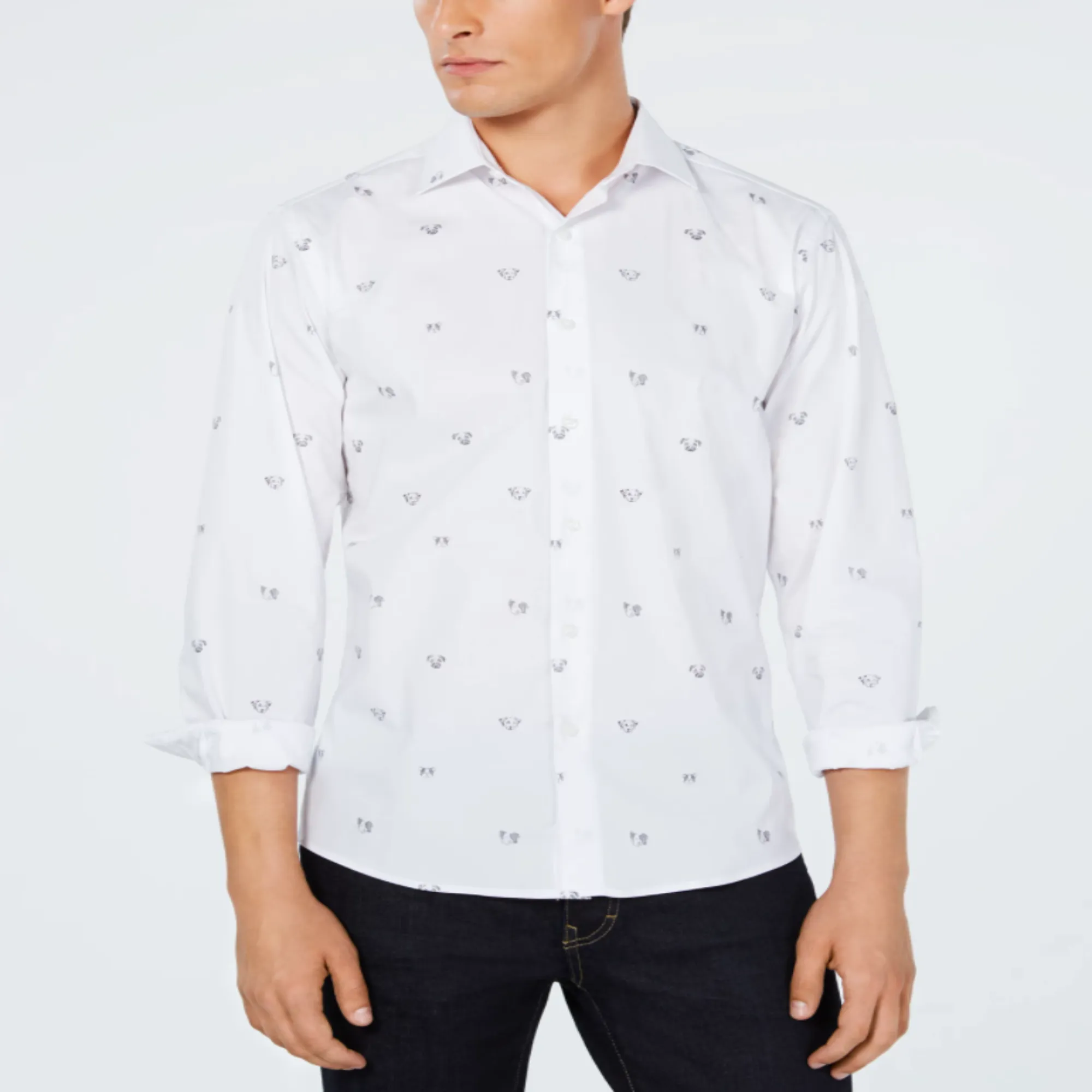 TALLIA MENS DOG PRINT SHIRT - WHITE