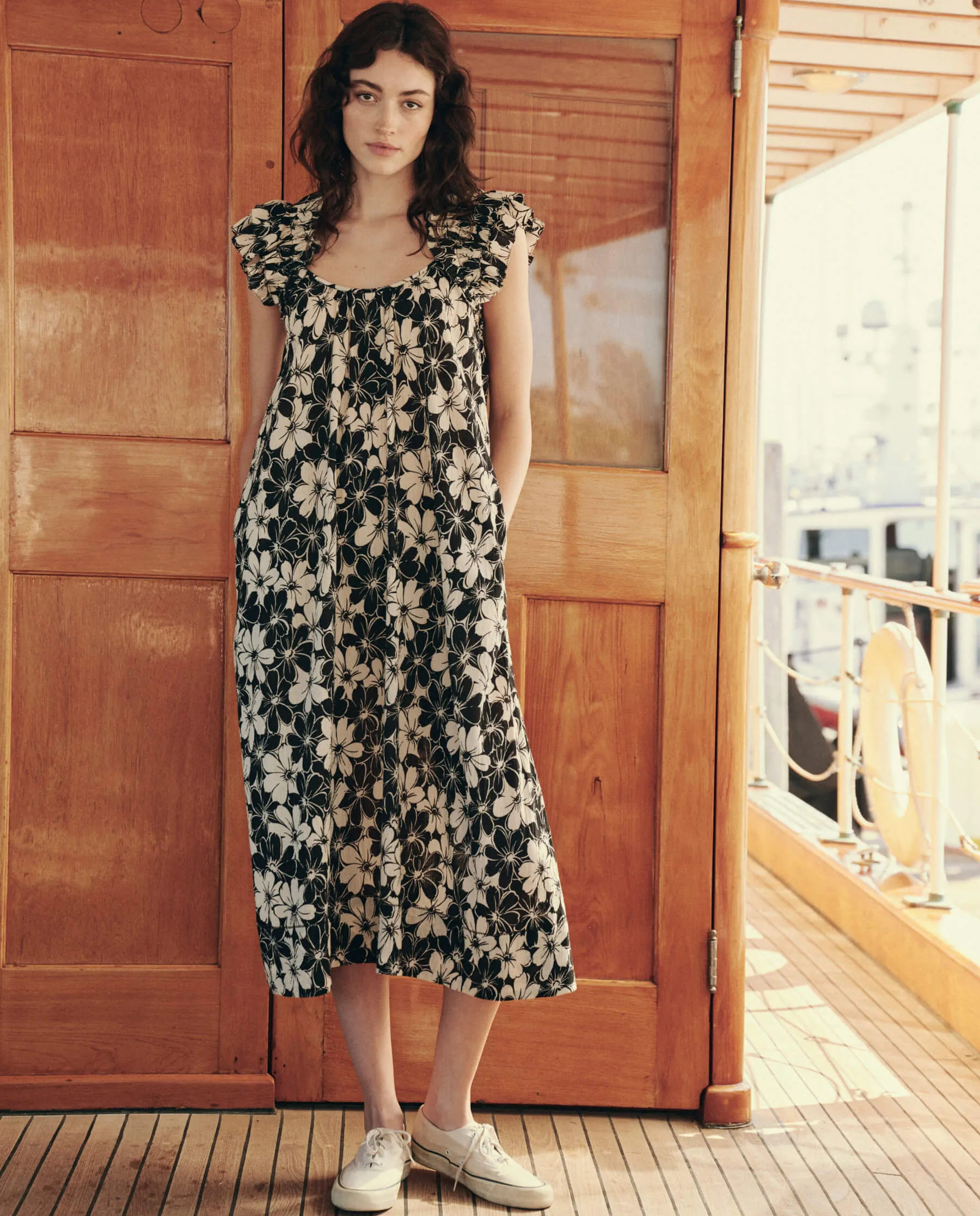 The Great Cascade Dress in Black and Cream Hibiscus Floral