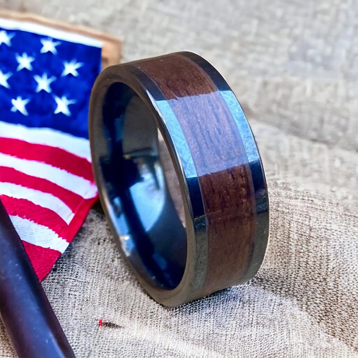 “The Sergeant” 100% USA Made Black Ceramic Ring With Wood From A M1 Garand