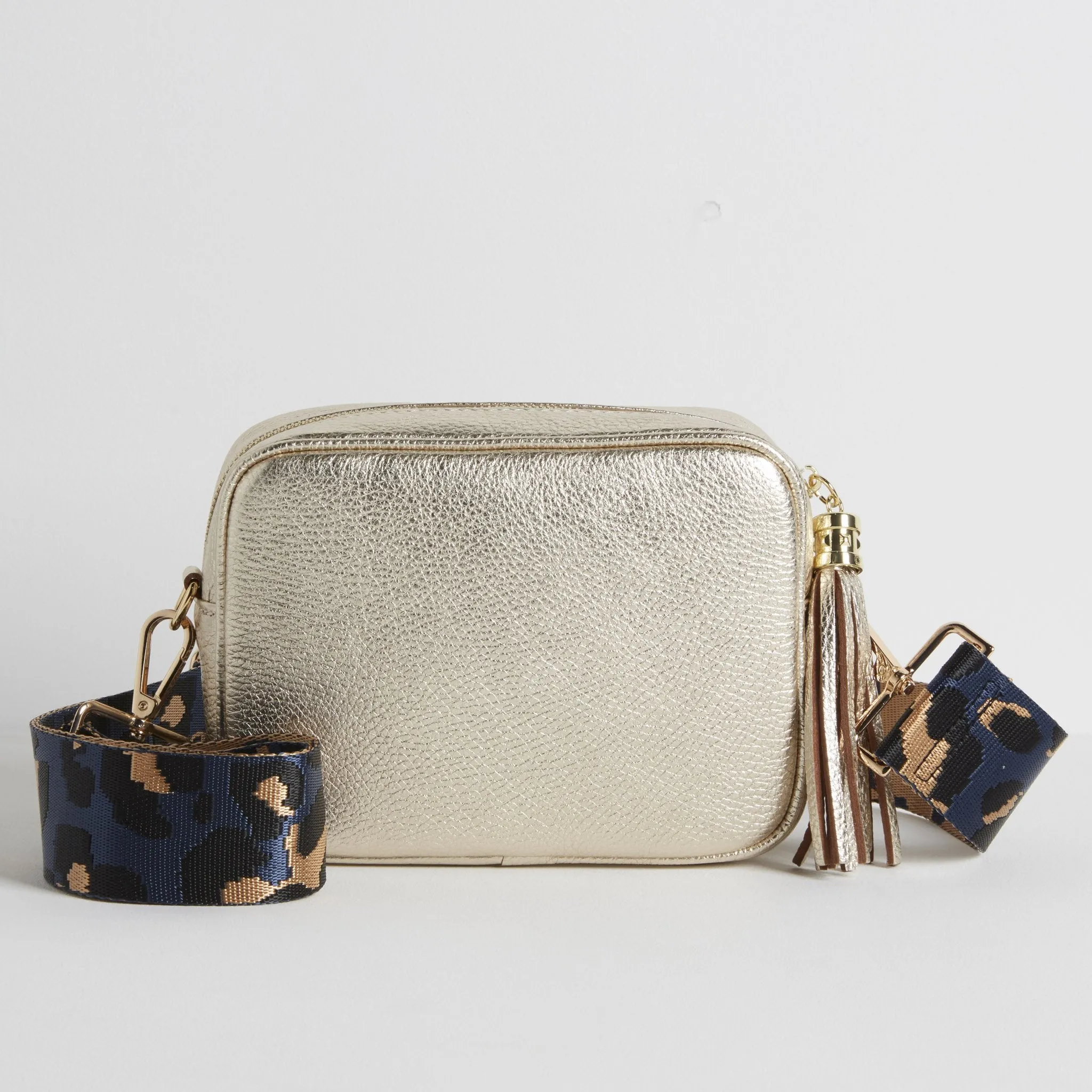 Verona Crossbody Gold Tassel Bag With Dark Blue Leopard Strap