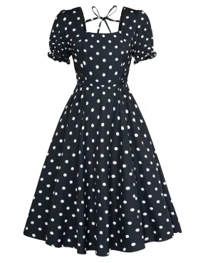 Vintage Polka Dot Patterns Cottagecore Cocktail Dresses Square Neck Puff Sleeve Dress with Pockets