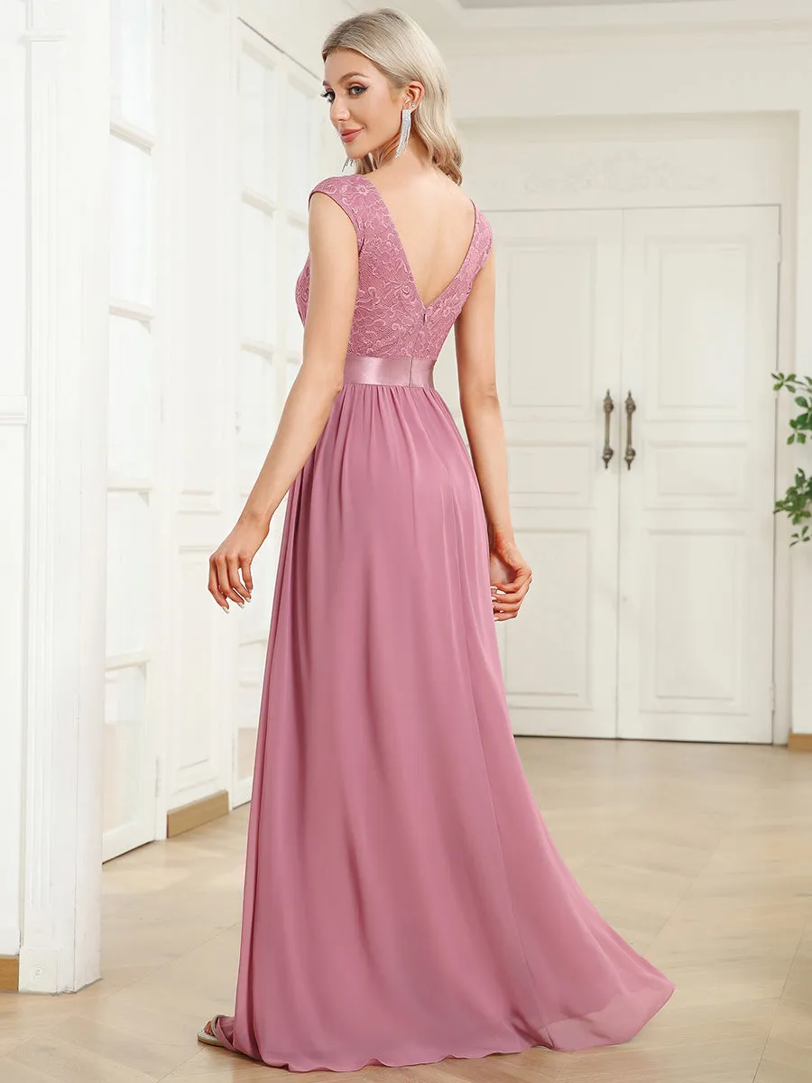 Wholesale V Back Belted Lace & Chiffon Bridesmaid Dresses