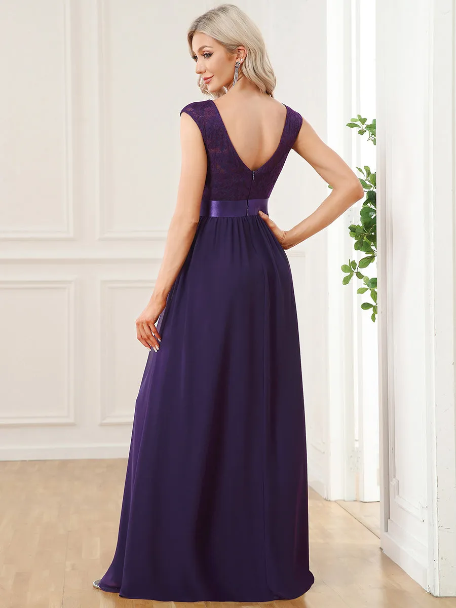 Wholesale V Back Belted Lace & Chiffon Bridesmaid Dresses