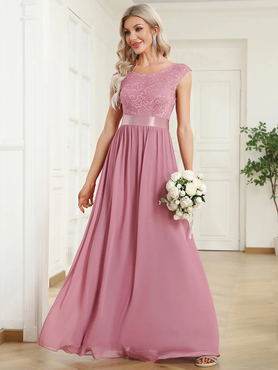 Wholesale V Back Belted Lace & Chiffon Bridesmaid Dresses